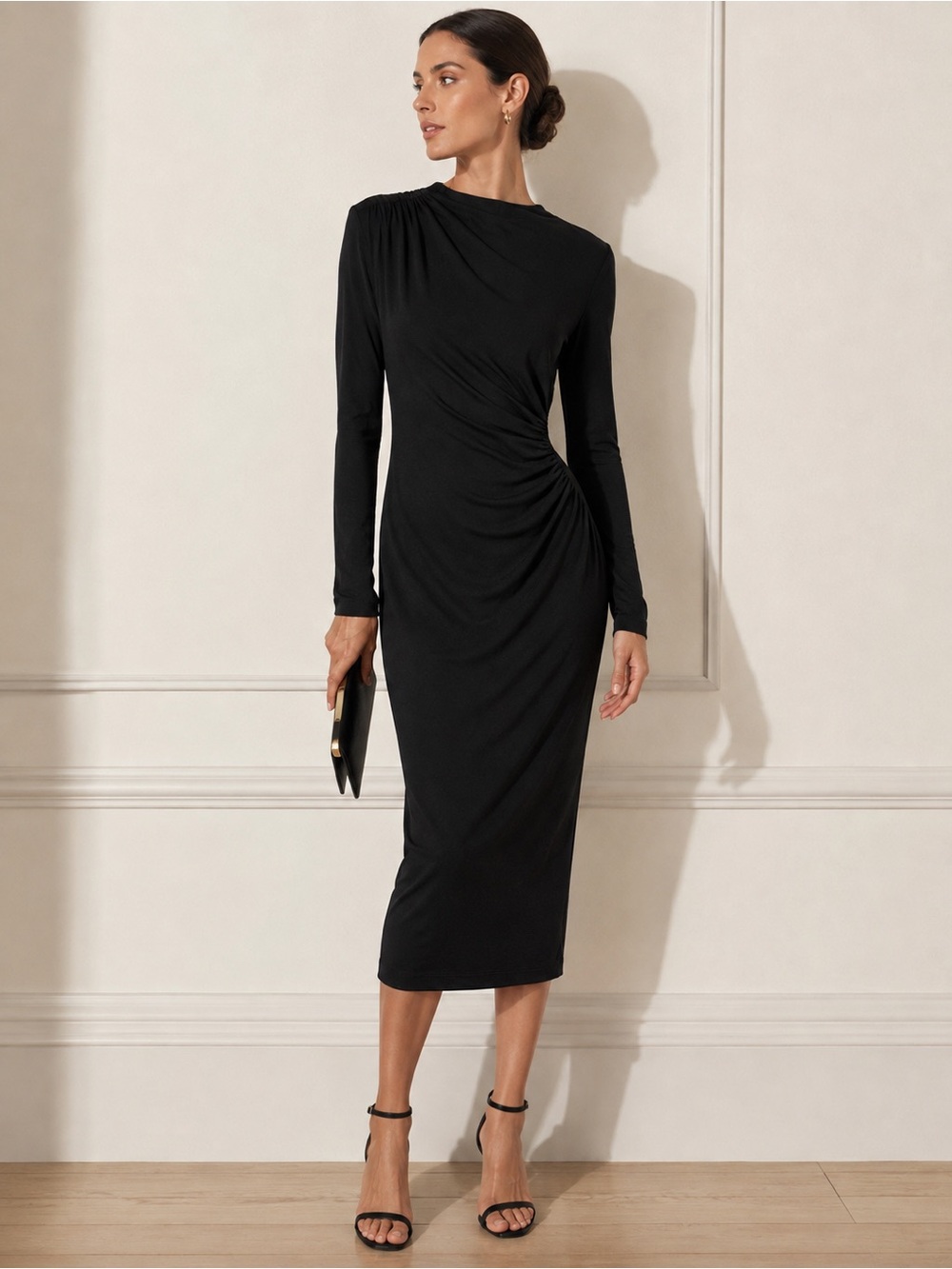 Alexia Admor Black Long Sleeve Ruched Midi Dress